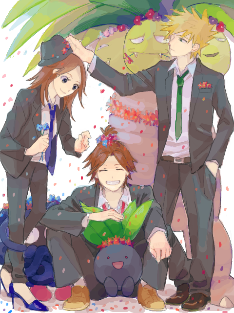 blue_(pokemon) brown_hair closed_eyes exeggutor flower formal hat kasabuta oddish ookido_green ookido_green_(frlg) pokemon pokemon_(creature) pokemon_(game) pokemon_frlg red_(pokemon) red_(pokemon)_(remake) smile tangela tegaki