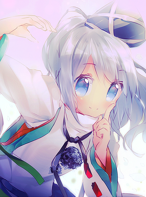 blue_eyes bust finger_to_mouth gradient gradient_background hat japanese_clothes leaning_forward looking_at_viewer mononobe_no_futo namie-kun petals purple_background short_hair silver_hair smile solo tate_eboshi touhou white_background wide_sleeves