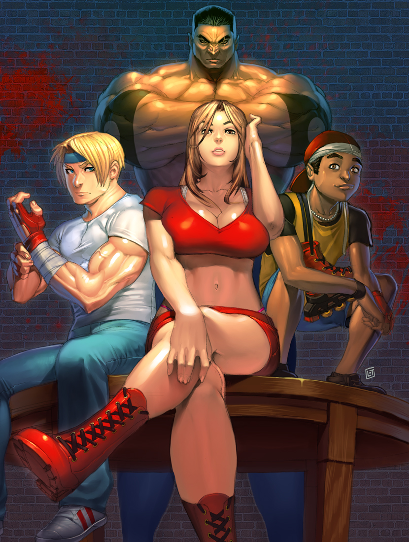 3boys 90s adidas axel_stone backwards_hat bare_knuckle bare_knuckle_ii:_shitou_he_no_chinkonka baseball_cap black_hair blaze_fielding blonde_hair blue_eyes boots bra_strap breasts brown_eyes cleavage crop_top cross-laced_footwear crossed_arms crossed_legs dark_skin eddie_'skate'_hunter eddie_'skate'_hunter elbow_pads fingerless_gloves gloves hat headband inline_skates jeans lace-up_boots large_breasts legs_crossed lips lost-tyrant max_thunder midriff multiple_boys muscle navel oldschool roller_skates shoes shorts sitting skate_hunter skates sneakers squatting t-shirt taut_shirt toned video_game
