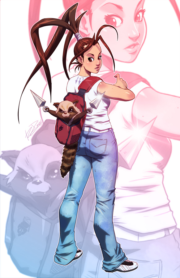 backpack bag capcom casual don_(street_fighter) ibuki jeans kunai long_hair looking_back pants randoseru robaato street_fighter street_fighter_iii tanuki weapon zoom_layer