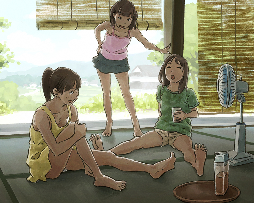 barefoot blinds camisole collarbone copyright_request dress drink electric_fan feet freckles hand_on_hip hips hot multiple_girls open_mouth panties pillar ponytail shorts sleeveless smile t-shirt tatami tnt_(aaaazzzz) tray tree underwear yellow_dress