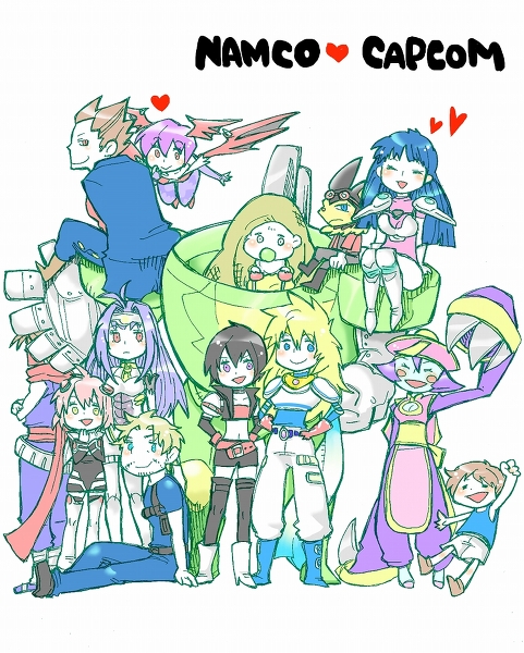 blue_hair brown_hair bruce_mcgivern capcom crossover darkstalkers demitri_maximoff guntz hiromi_tengenji hoover kos-mos lei_lei lilith long_hair mecha momo namco namco_x_capcom rutee stahn strider_hiryu tales_of_destiny tarosuke xenosaga