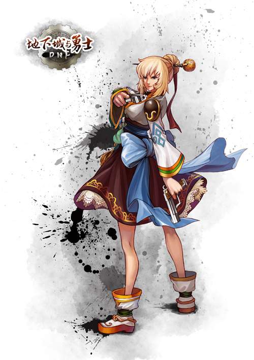 blonde_hair dfo dungeon_and_fighter dungeon_fighter_online female female_gunner female_gunner_(dungeon_and_fighter) gun gunner gunner_(dungeon_and_fighter) hair_ornament korean_clothes weapon white_hair