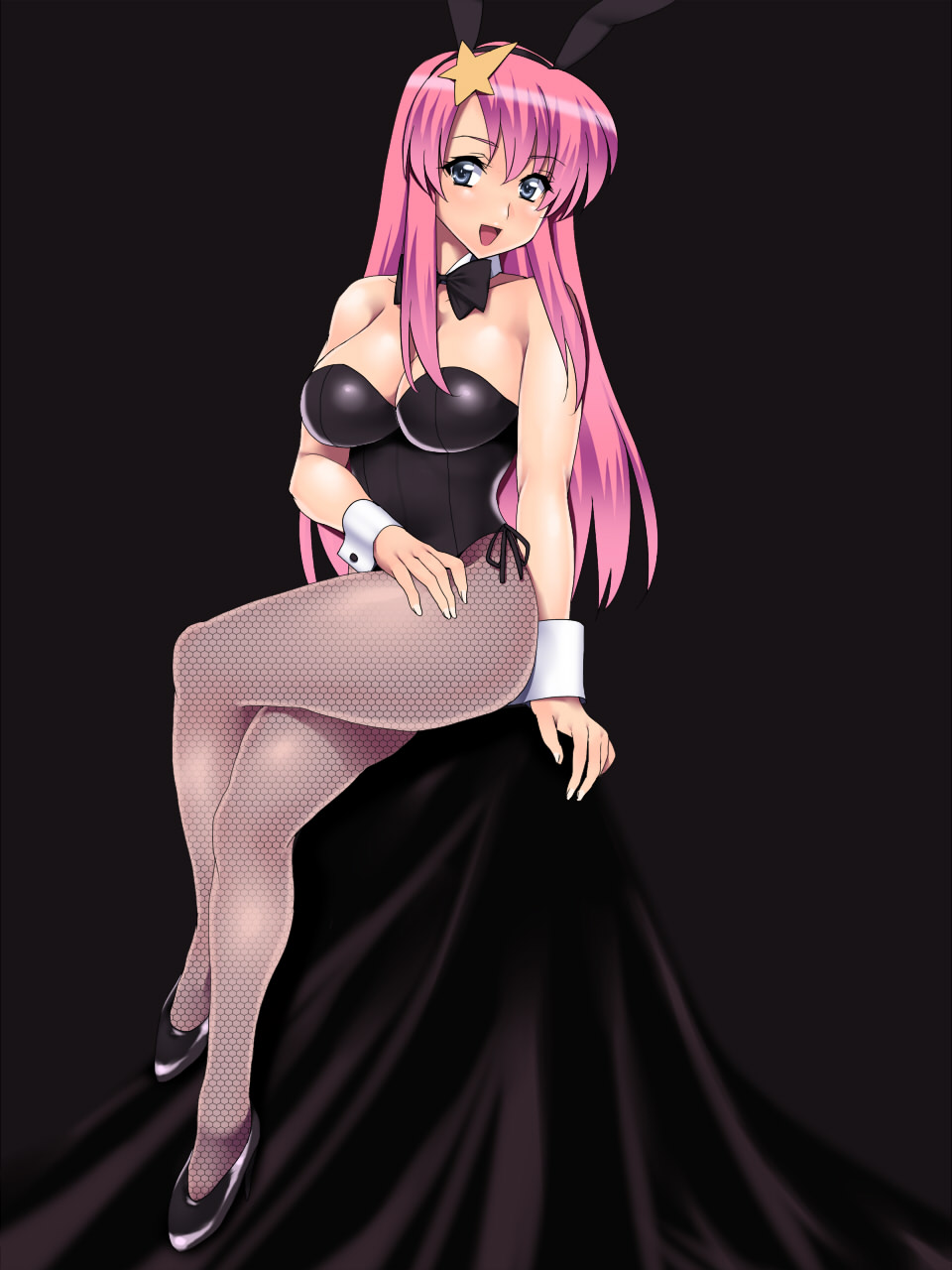 anzu_(onelelee) bad_id blue_eyes bowtie breasts bunny_ears bunnysuit crossed_legs detached_collar fishnet_pantyhose fishnets gundam gundam_seed gundam_seed_destiny hair_ornament high_heels highres large_breasts legs legs_crossed long_hair long_legs meer_campbell pantyhose pink_hair rabbit_ears shoes sitting star star_hair_ornament thighs wrist_cuffs