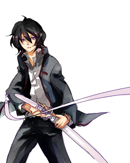 black_hair bleach genderswap kuchiki_rukia lorein male purple_eyes school_uniform shikai short_hair sode_no_shirayuki solo sword violet_eyes weapon