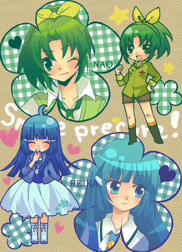 aoki_reika blue_eyes blue_hair boots character_name chibi closed_eyes dress eyes_closed green_eyes green_hair hair_ornament hairclip kumeko long_hair midorikawa_nao multiple_girls ponytail precure shirt shoes short_hair shorts smile smile_precure! title_drop wink