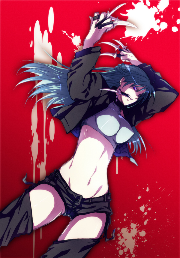 bad_id bolero boots breasts catxcat choker crop_top cropped_jacket garter_straps green_hair halter_top halterneck jacket knife large_breasts long_hair midriff mouth_hold navel short_shorts shorts simple_background solo thigh-highs thigh_boots thighhighs triple_wielding yurikawa_saki zombie zombie-ya_reiko