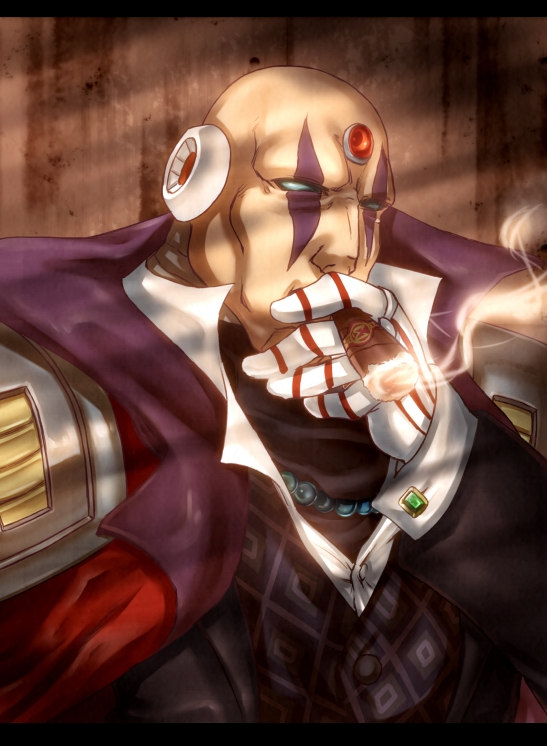 android broad_shoulders cigar cuff_links dress_shirt forehead_jewel gloves jewelry male necklace open_clothes open_shirt robot_ears rockman rockman_x scar shirt sigma solo vest white_eyes yoshi_(artist) yoshi_(qawsesea)