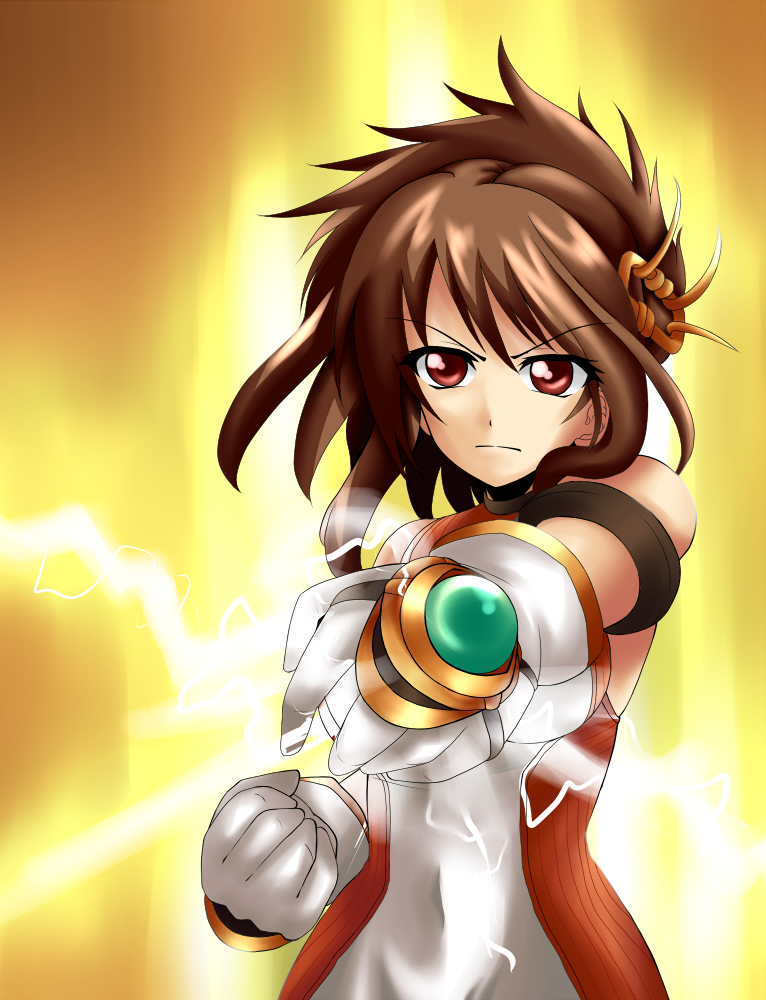 brown_hair china_dress dfo dungeon_and_fighter dungeon_fighter_online energy fighter fighter_(dungeon_and_fighter) gloves lighting nen_master qipao red_eyes