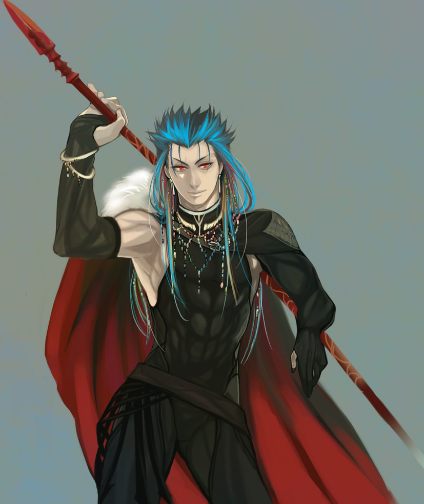 alternate_costume blue_background blue_hair cape earrings elbow_gloves fate/stay_night fate_(series) fingerless_gloves gae_bolg gloves grey_background jewelry jun_(ash) lancer long_hair male polearm red_eyes simple_background solo spear weapon