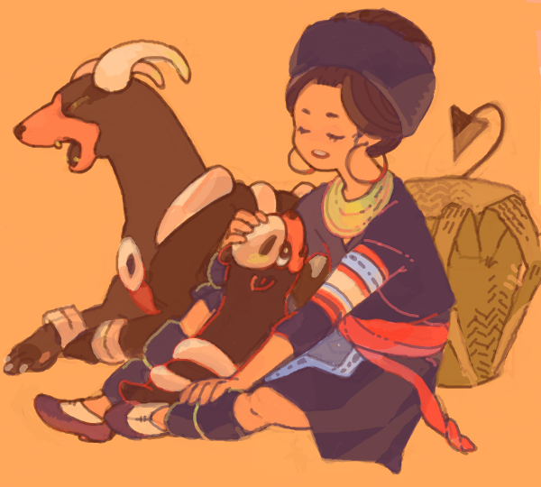 beso dog drawr earrings houndoom houndour jewelry orange_background petting pokemon puppy yawning