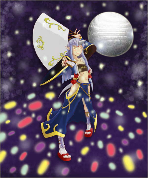 bell blue_hair disco_ball eggoverlord fan flat_chest hime_cut horn jingle_bell light_particles lights midriff oni pointing pointy_ears slippers slit_pupils super_robot_wars super_robot_wars_og_saga_mugen_no_frontier suzuka_hime tabi tubetop twintails yellow_eyes