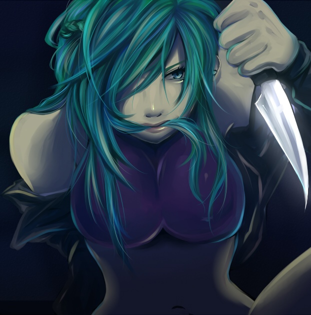 bare_shoulders blue_eyes bolero breasts crop_top cropped_jacket ggxxryokan green_hair knife large_breasts long_hair looking_at_viewer midriff mouth_hold navel off_shoulder reverse_grip slender_waist solo yurikawa_saki zombie zombie-ya_reiko