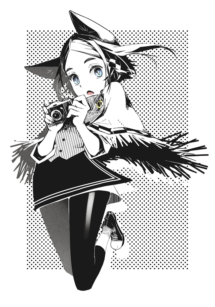 blue_eyes camera cowl monochrome open_mouth original pantyhose shoes spot_color yunar