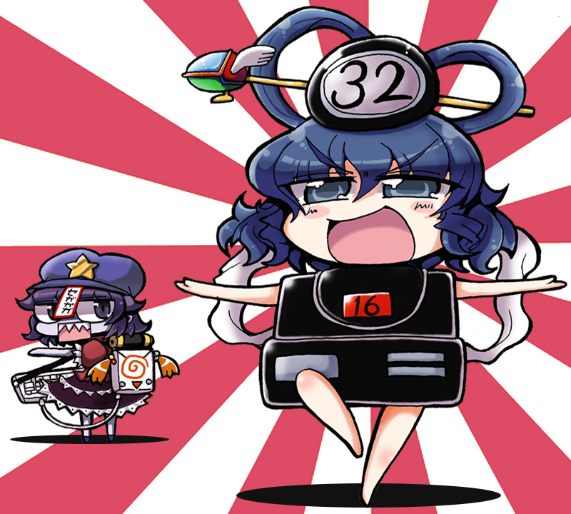 blue_eyes blue_hair chibi computer_keyboard dreamcast fantasy_zone hair_rings hair_stick hat instrument kaku_seiga keyboard_(instrument) leg_up matarou miyako_yoshika multiple_girls no_nose ofuda opa-opa opaopa open_mouth outstretched_arms pose pun sega sega_mega_drive sharp_teeth spread_arms sunburst touhou