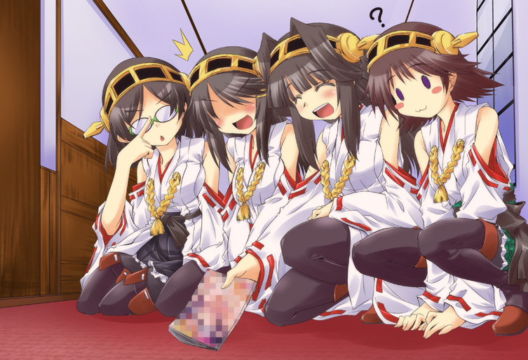 4girls :3 ? black_hair blush_stickers brown_hair censored chestnut_mouth closed_eyes detached_sleeves glasses hairband haruna_(kantai_collection) hiei_(kantai_collection) japanese_clothes kaname-y kantai_collection kirishima_(kantai_collection) kongou_(kantai_collection) magazine mosaic_censoring multiple_girls open_mouth personification siblings sisters squatting thighhighs wide_sleeves