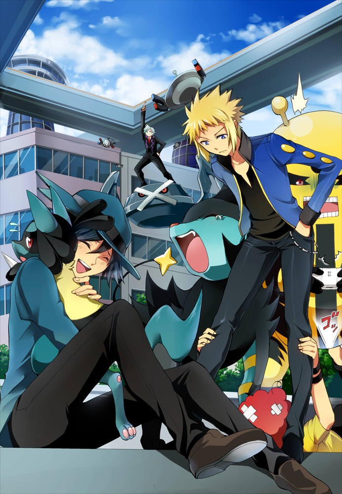 building city denji_(pokemon) electivire flying gen_(pokemon) hand_in_pocket hat hirococo hug lucario luxray magnemite magnezone metagross multiple_boys ooba_(pokemon) pokemon pokemon_(game) pokemon_dppt pose surprised tsuwabuki_daigo