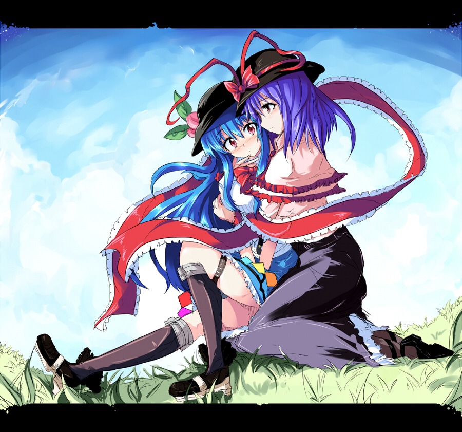 blue_hair blue_sky blush capelet echizen food fruit grass hat hat_ribbon hinanawi_tenshi hug hug_from_behind leg_ribbon letterboxed long_hair multiple_girls nagae_iku peach pink_eyes purple_hair ribbon shawl shirt short_hair sitting sitting_on_lap sitting_on_person skirt sky touhou