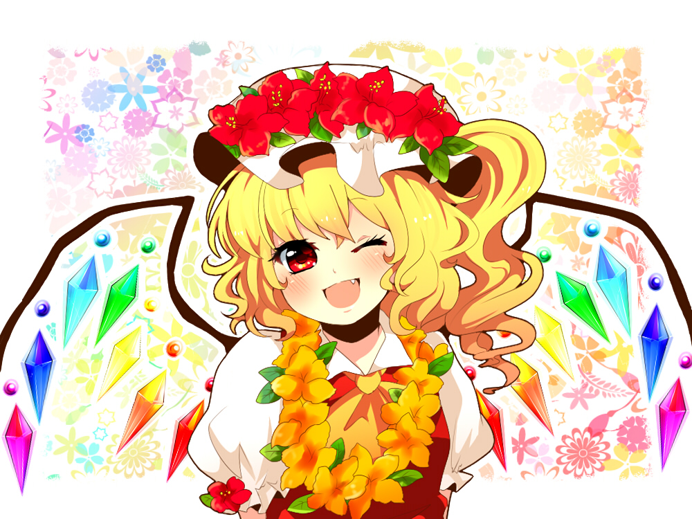 ascot blonde_hair blush fang flandre_scarlet floral_background flower flower_necklace hat hat_flower head_wreath kirara310 open_mouth red_eyes short_hair side_ponytail smile solo touhou wings wink wreath
