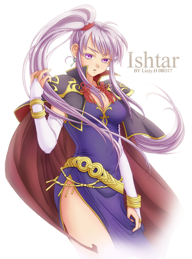 belt breasts bridal_gauntlets cape character_name cleavage dress earrings elbow_gloves fire_emblem fire_emblem:_seisen_no_keifu gloves ishtar_(fire_emblem) jewelry kuroma_(einin) long_hair purple_eyes side_ponytail side_slit silver_hair solo violet_eyes