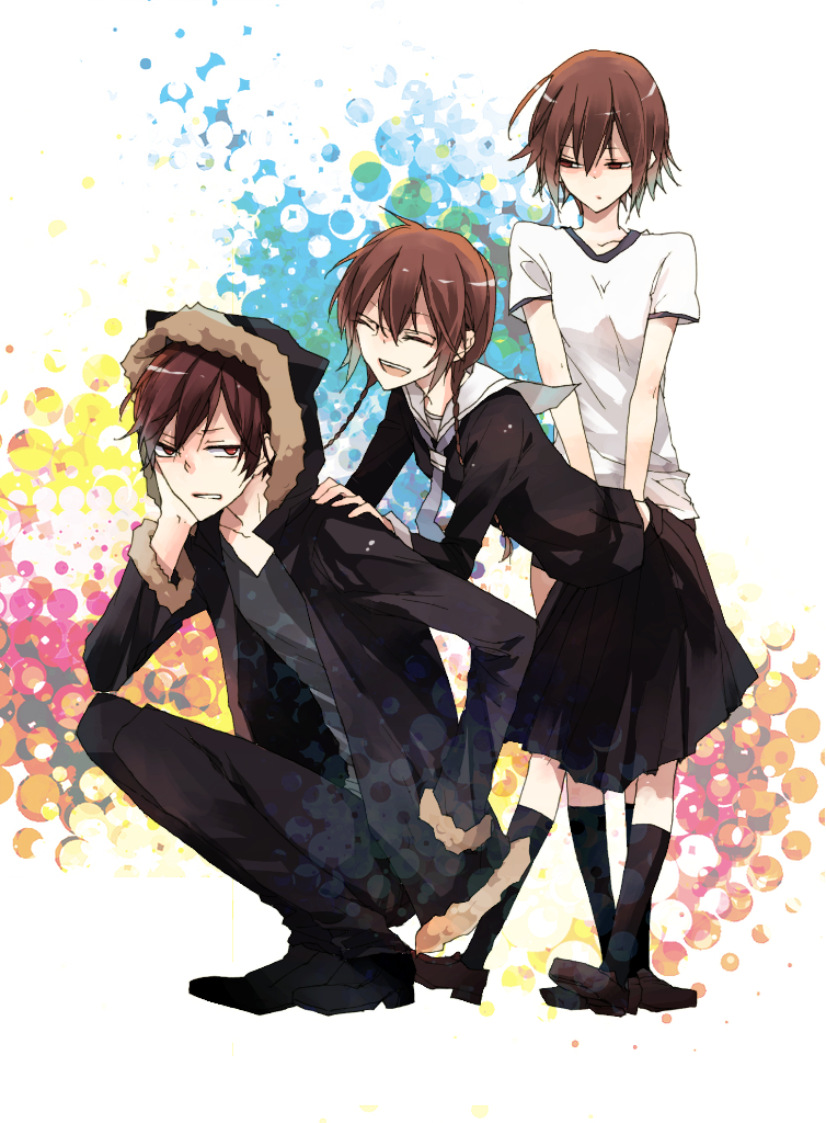 bloomers brown_hair buruma durarara!! fur_trim glasses gym_uniform jacket kiri_(rosetta) orihara_izaya orihara_kururi orihara_mairu red_hair redhead school_uniform serafuku siblings skirt