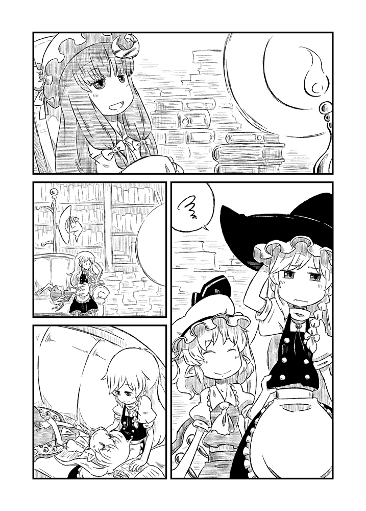 ^_^ apron ascot book bookshelf bow braid candle closed_eyes comic couch crescent detached_wings flandre_scarlet hair_bow hand_behind_head hat hat_rack hat_removed headwear_removed kirisame_marisa lap_pillow long_hair looking_down looking_up monochrome multiple_girls no_hat no_headwear on_back open_mouth patchouli_knowledge payot petting pointy_ears side_braid side_ponytail silent_comic single_braid smile sonson_(eleven) spoken_squiggle squiggle touhou wings