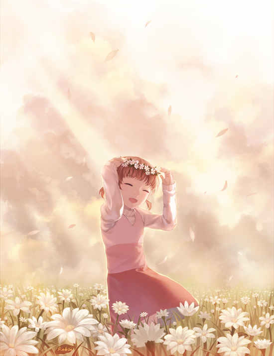 ^_^ artist_name brown_hair child closed_eyes doujima_nanako eyes_closed field flower happy head_wreath open_mouth persona persona_4 petals robinexile short_hair short_twintails skirt sky smile solo sunbeam sunlight sweater twintails wreath