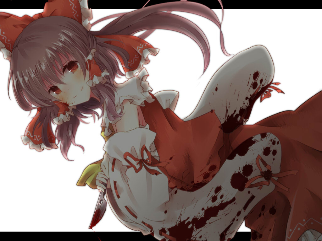 ascot bad_id blood blood_on_face blood_stain bloody_clothes blush bow brown_hair detached_sleeves hair_bow hair_tubes hakurei_reimu knife letterboxed long_sleeves looking_at_viewer miko pasutel ponytail red_eyes shirt simple_background skirt skirt_set smile solo touhou white_background wide_sleeves yandere