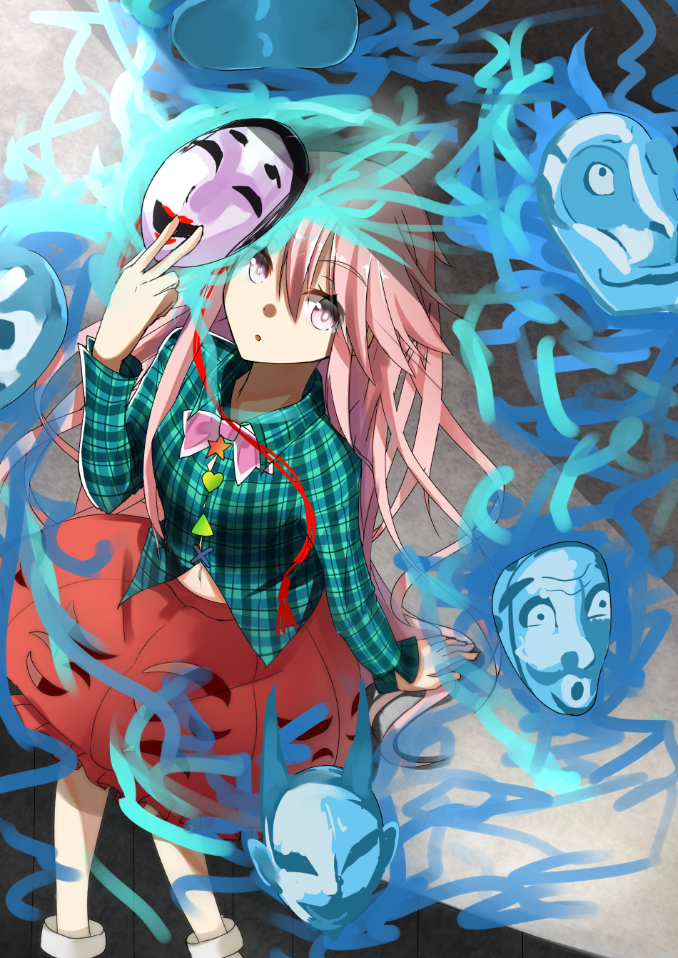 1girl checkered_shirt from_above fuotchan hata_no_kokoro highres long_hair looking_at_viewer looking_up mask_on_head navel pink_eyes pink_hair sitting skirt solo touhou