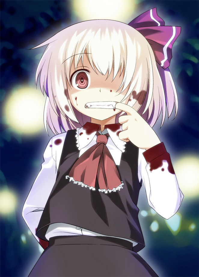 arm_behind_back ascot blonde_hair blood blood_on_face bloody_clothes fangs finger_in_mouth hair_over_one_eye hair_ribbon lights looking_at_viewer red_eyes ribbon rumia shirt silver_hair skirt skirt_set solo touhou umekichi vest youkai
