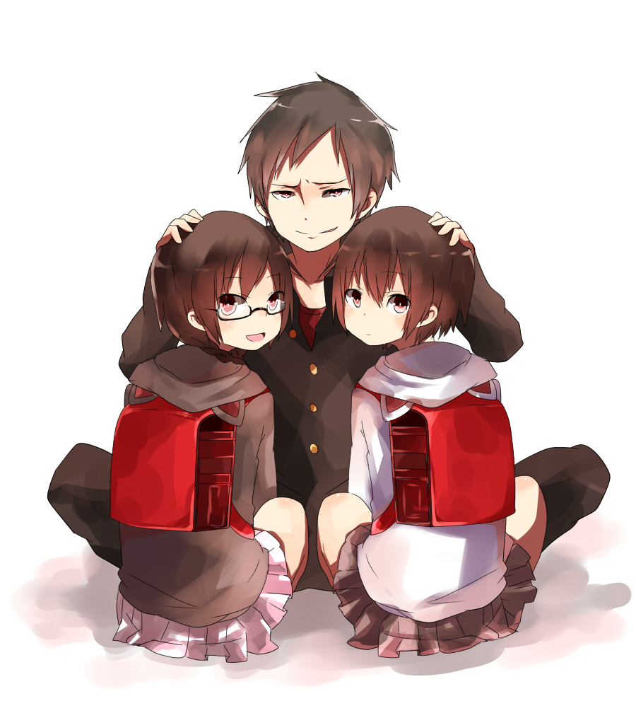 bag brown_hair durarara!! glasses hoodie looking_back miniskirt orihara_izaya orihara_kururi orihara_mairu pun2 randoseru red_eyes siblings skirt young