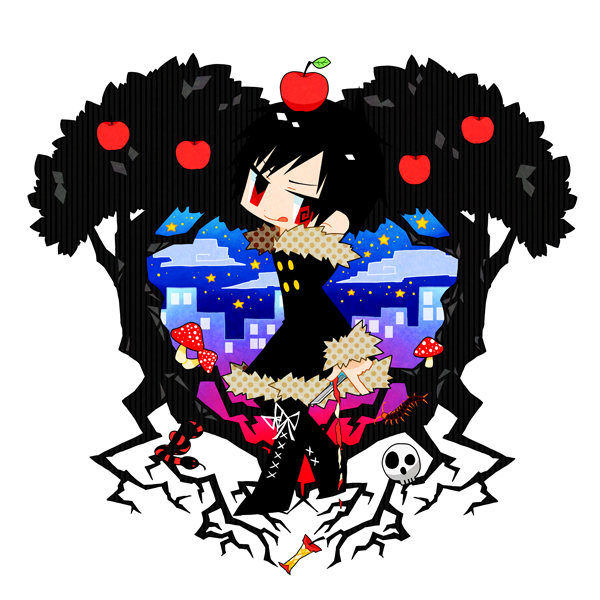 apple apple_core black_hair durarara!! eriko_(chika) food frame fruit fur_trim jacket mushroom orihara_izaya red_eyes skull snake solo star tree