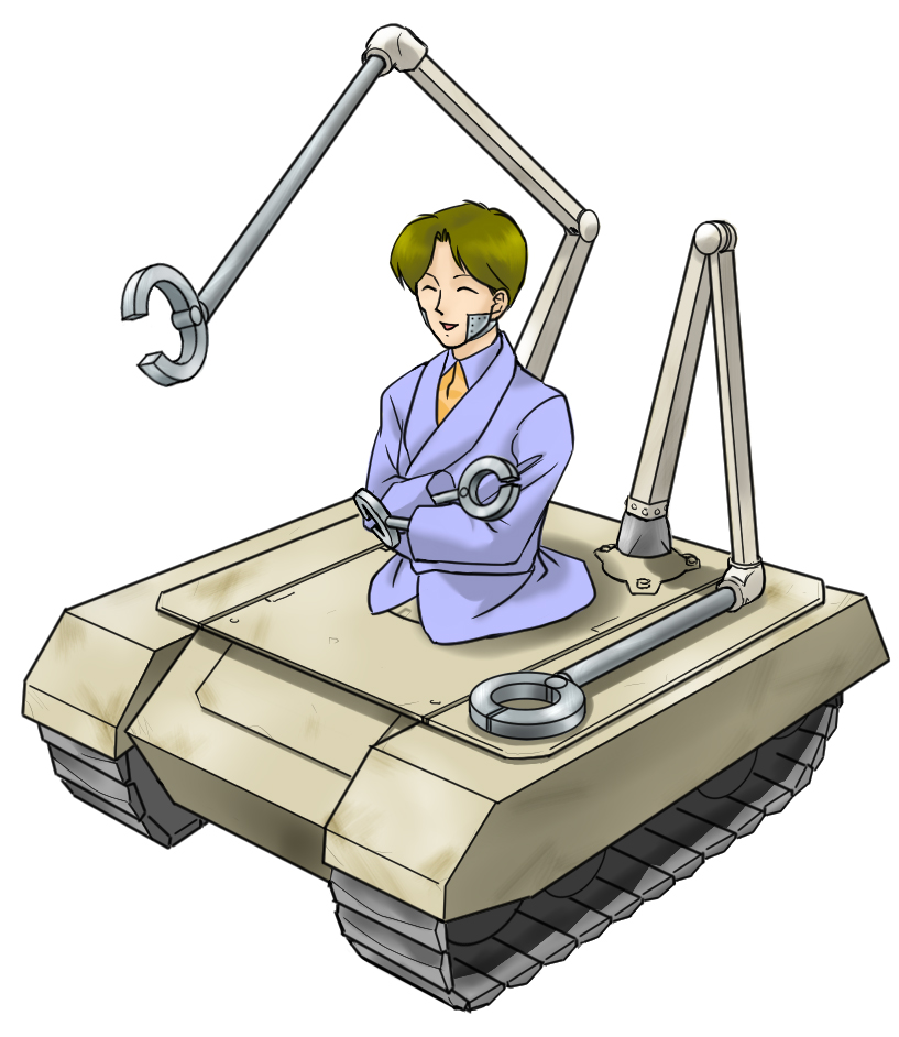 ^_^ brown_hair caterpillar_tracks chorozo closed_eyes eyes_closed military military_vehicle robot robotic_arms short_hair simple_background tank vehicle white_background