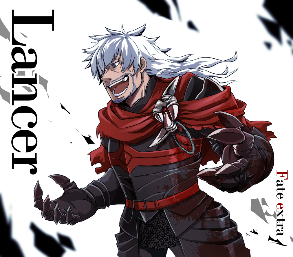 armor beard character_name facial_hair fate/extra fate_(series) hachi_(gaoo) lancer_(fate/extra) long_hair male mustache solo title_drop white_hair