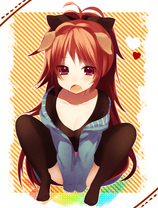 :o animal_ears black_legwear blush bottomless bow breasts cleavage collarbone covering covering_crotch dog_ears fang fangs hair_bow heart hetaling jacket long_hair looking_at_viewer mahou_shoujo_madoka_magica no_shoes open_motuh open_mouth ponytail red_eyes red_hair redhead sakura_kyouko shin_(hetaling) sitting solo spread_legs squatting thigh-highs thighhighs very_long_hair wide_ponytail