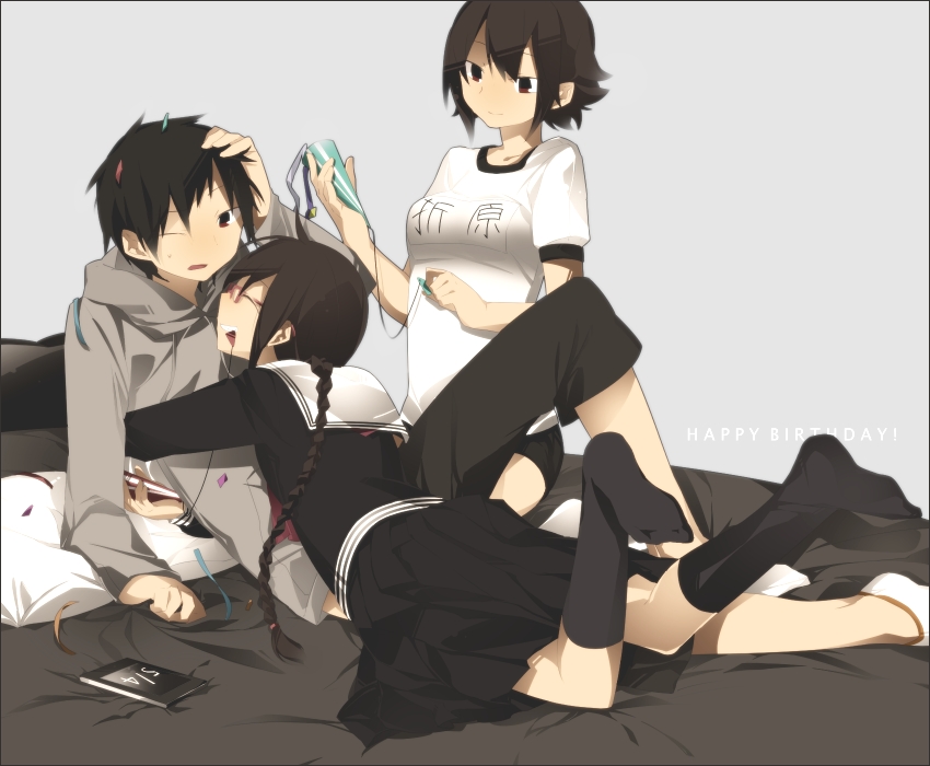 bloomers brown_hair buruma cellphone ciel_arc durarara!! glasses gym_uniform orihara_izaya orihara_kururi orihara_mairu phone red_eyes school_uniform serafuku siblings