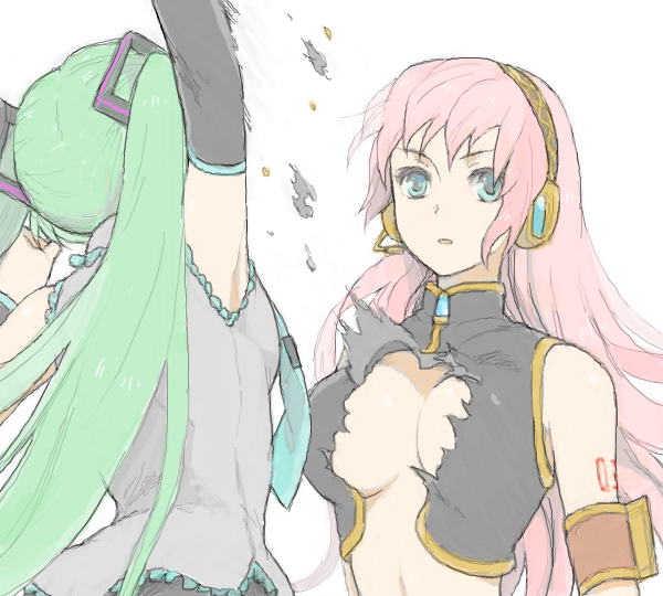 breasts drawr green_hair hatsune_miku hirosuke homopero long_hair megurine_luka pink_hair tearing_clothes torn_clothes twintails vocaloid