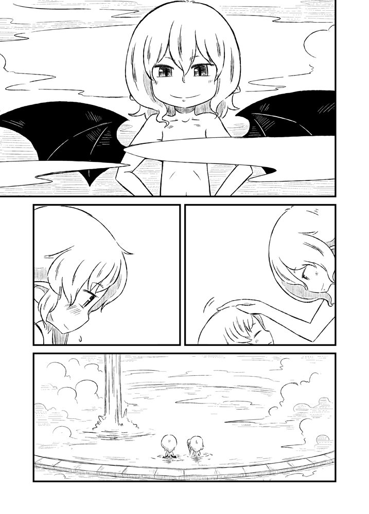 bat bathing censored comic convenient_bath_steam convenient_censoring flandre_scarlet hand_on_another's_head hand_on_another's_head hand_on_head hands_on_hips looking_down monochrome multiple_girls nude petting remilia_scarlet short_hair siblings side_ponytail silent_comic sisters smile sonson_(eleven) steam touhou water waterfall wings