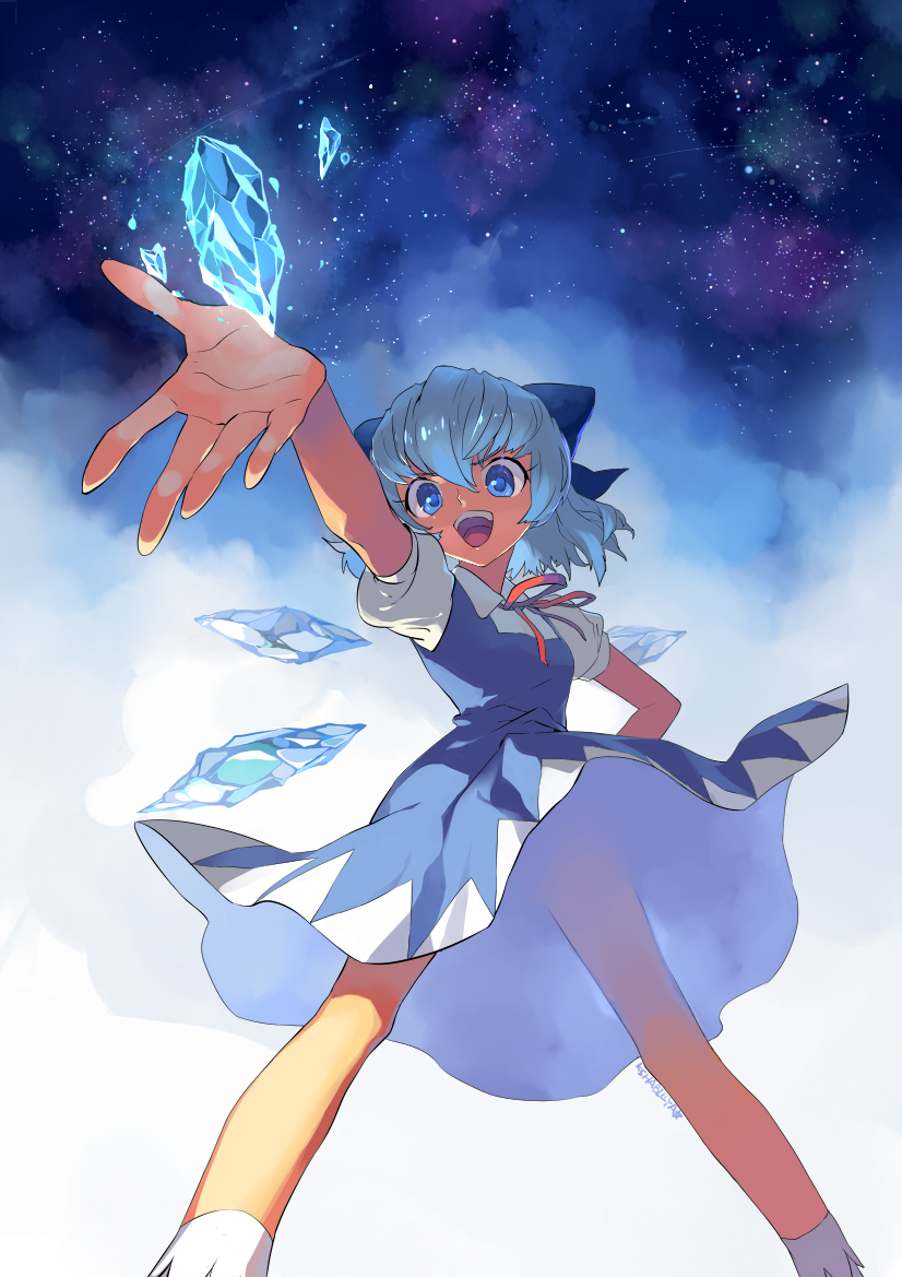 blue_dress blue_eyes blue_hair bow censor_steam censored cirno convenient_censoring dress foreshortening hair_bow hand_on_hip hands ice_block kushabiria night open_mouth outstretched_hand shirt short_hair sky smile solo spread_legs star_(sky) steam touhou upskirt wind_lift wings