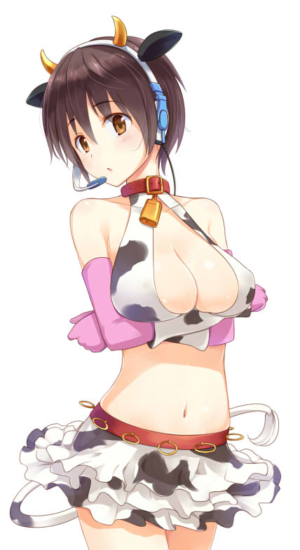 :o animal_ears bare_shoulders bell bell_collar blush breast_hold breasts brown_eyes brown_hair cleavage cleavage_cutout collar cow_ears cow_girl cow_print cow_tail elbow_gloves gloves halterneck headset horn idolmaster idolmaster_cinderella_girls large_breasts looking_at_viewer midriff navel oikawa_shizuku open_mouth sakusaku short_hair simple_background skirt solo tail white_background