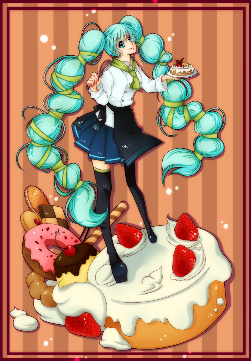 aqua_eyes aqua_hair cake checkerboard_cookie cookie doughnut food fruit hatsune_miku highres long_hair multi-tied_hair nanoka_rio plate skirt solo strawberry striped striped_background sweets thigh-highs thighhighs twintails very_long_hair vocaloid whisk