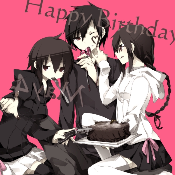 braid brown_hair cake ciel_arc durarara!! food glasses heart hoodie knife orihara_izaya orihara_kururi orihara_mairu red_eyes siblings thigh-highs thighhighs