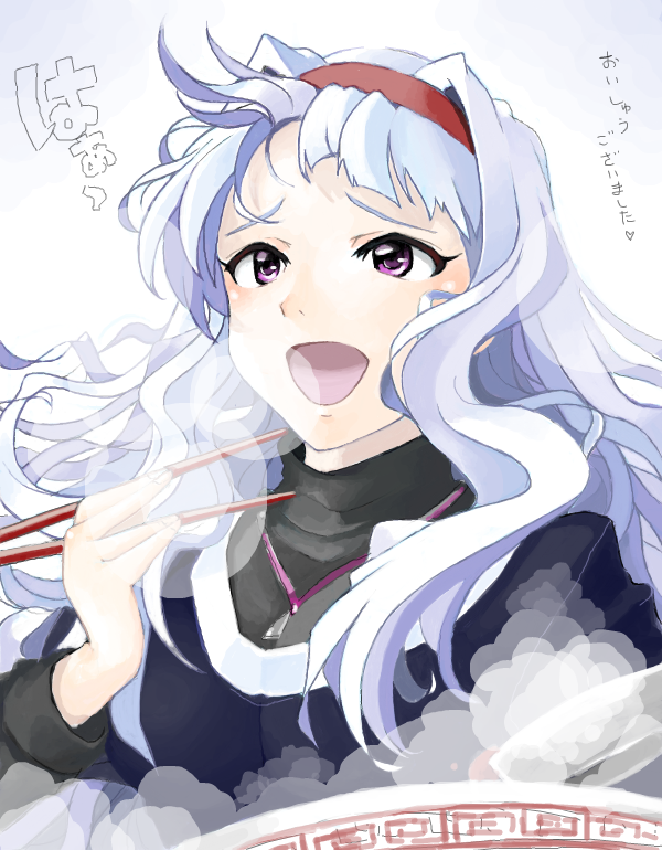 :d ahegao chopsticks hairband idolmaster jewelry long_hair mistrail necklace open_mouth purple_eyes shijou_takane silver_hair smile solo violet_eyes
