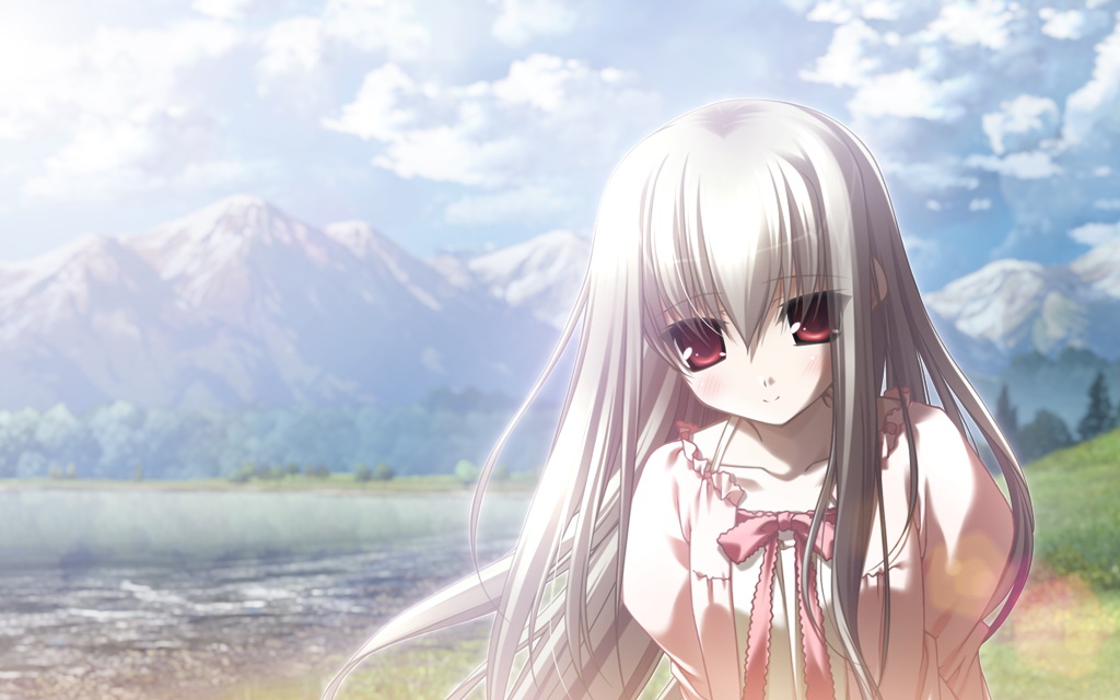 albino blurry blush chikotam eden eden*_they_were_only_two_on_the_planet game_cg hair_between_eyes lake long_hair minori mountain nature outdoors ribbon scenery silver_hair sion_(eden) sky smile sunlight tree