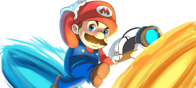 1boy aperture_science_handheld_portal_device blue_eyes brown_hair gloves gun hat looking_at_viewer male mari0 mario mustache nintendo overalls portal solo super_mario_bros. white_background white_gloves