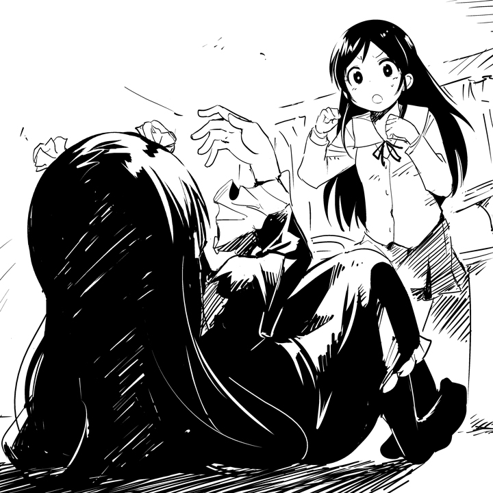 :o aragaki_ayase gokou_ruri greyscale long_hair monochrome multiple_girls on_ground open_mouth ore_no_imouto_ga_konna_ni_kawaii_wake_ga_nai pantyhose school_uniform skirt watarai_keiji