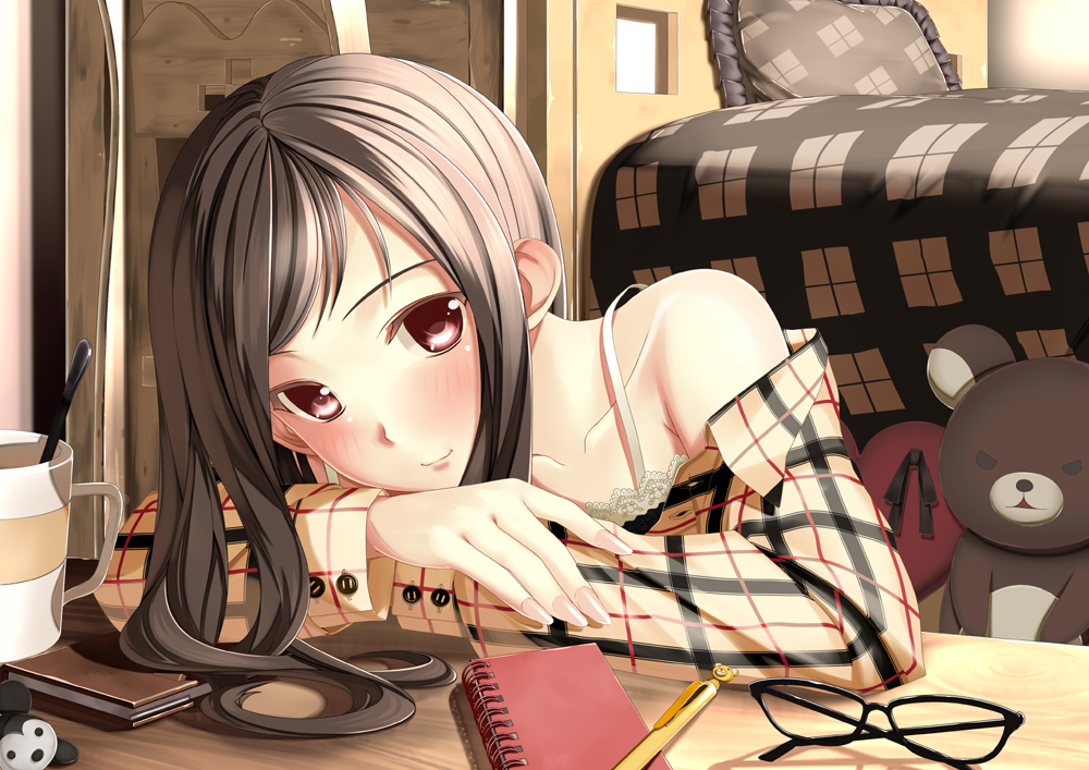 bare_shoulders black_hair blush book bra bra_strap brown_eyes brown_hair chin_rest collarbone cup doll dress_shirt glasses heart kinugasa_yuuichi lingerie long_hair looking_at_viewer lying mug notebook off_shoulder on_stomach original pen pink_eyes plaid plaid_shirt red_eyes shirt smile solo stuffed_animal stuffed_toy teddy_bear underwear white_bra