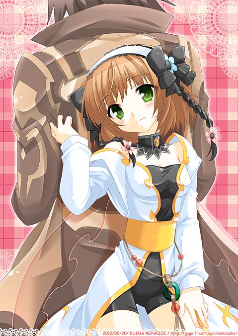1girl 2012 alvin_(tales_of_xillia) artist_name back-to-back bike_shorts bow brown_hair coat dated detached_collar flower green_eyes hair_bow hairband leia_roland minazoi_kuina short_hair smile tales_of_(series) tales_of_xillia