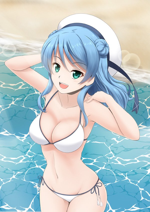 1girl beach bikini blue_eyes blue_hair breasts cleavage collarbone day eyebrows_visible_through_hair fuuma_nagi hand_behind_head hand_on_own_shoulder hat kantai_collection long_hair looking_at_viewer medium_breasts navel open_mouth outdoors sailor_hat side-tie_bikini sidelocks skindentation solo swimsuit urakaze_(kantai_collection) wading white_bikini white_hat