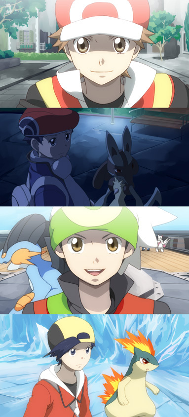 4boys bandanna baseball_cap black_hair brown_hair gold_(pokemon) hat kouki_(pokemon) lucario niimura_(csnel) pokemon pokemon_(creature) pokemon_(game) pokemon_dppt pokemon_frlg pokemon_hgss pokemon_rse quilava red_(pokemon) red_(pokemon)_(remake) screencap swampert winter_clothes yuuki_(pokemon) yuuki_(pokemon_emerald)